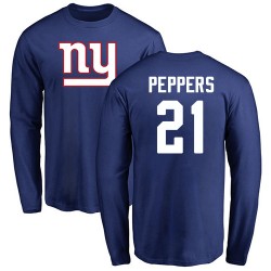 Jabrill Peppers Royal Blue Name & Number Logo - #21 Football New York Giants Long Sleeve T-Shirt