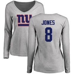 Women's Daniel Jones Ash Name & Number Logo - #8 Football New York Giants Long Sleeve T-Shirt