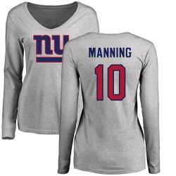 Women's Eli Manning Ash Name & Number Logo - #10 Football New York Giants Long Sleeve T-Shirt