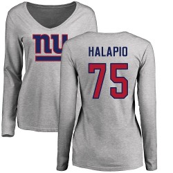 Women's Jon Halapio Ash Name & Number Logo - #75 Football New York Giants Long Sleeve T-Shirt
