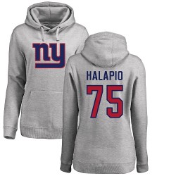 Women's Jon Halapio Ash Name & Number Logo - #75 Football New York Giants Pullover Hoodie