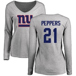Women's Jabrill Peppers Ash Name & Number Logo - #21 Football New York Giants Long Sleeve T-Shirt