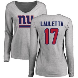Women's Kyle Lauletta Ash Name & Number Logo - #17 Football New York Giants Long Sleeve T-Shirt