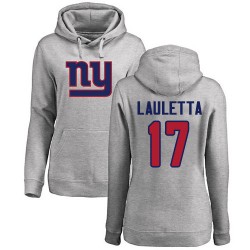 Women's Kyle Lauletta Ash Name & Number Logo - #17 Football New York Giants Pullover Hoodie