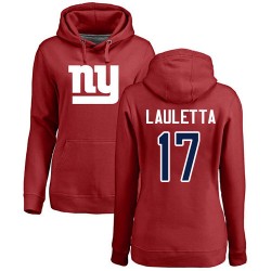 Women's Kyle Lauletta Red Name & Number Logo - #17 Football New York Giants Pullover Hoodie