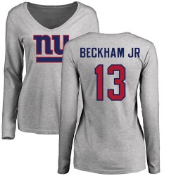 Women's Odell Beckham Jr Ash Name & Number Logo - #13 Football New York Giants Long Sleeve T-Shirt