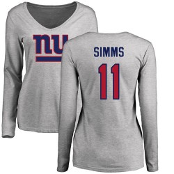 Women's Phil Simms Ash Name & Number Logo - #11 Football New York Giants Long Sleeve T-Shirt