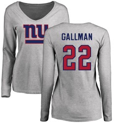 Women's Wayne Gallman Ash Name & Number Logo - #22 Football New York Giants Long Sleeve T-Shirt